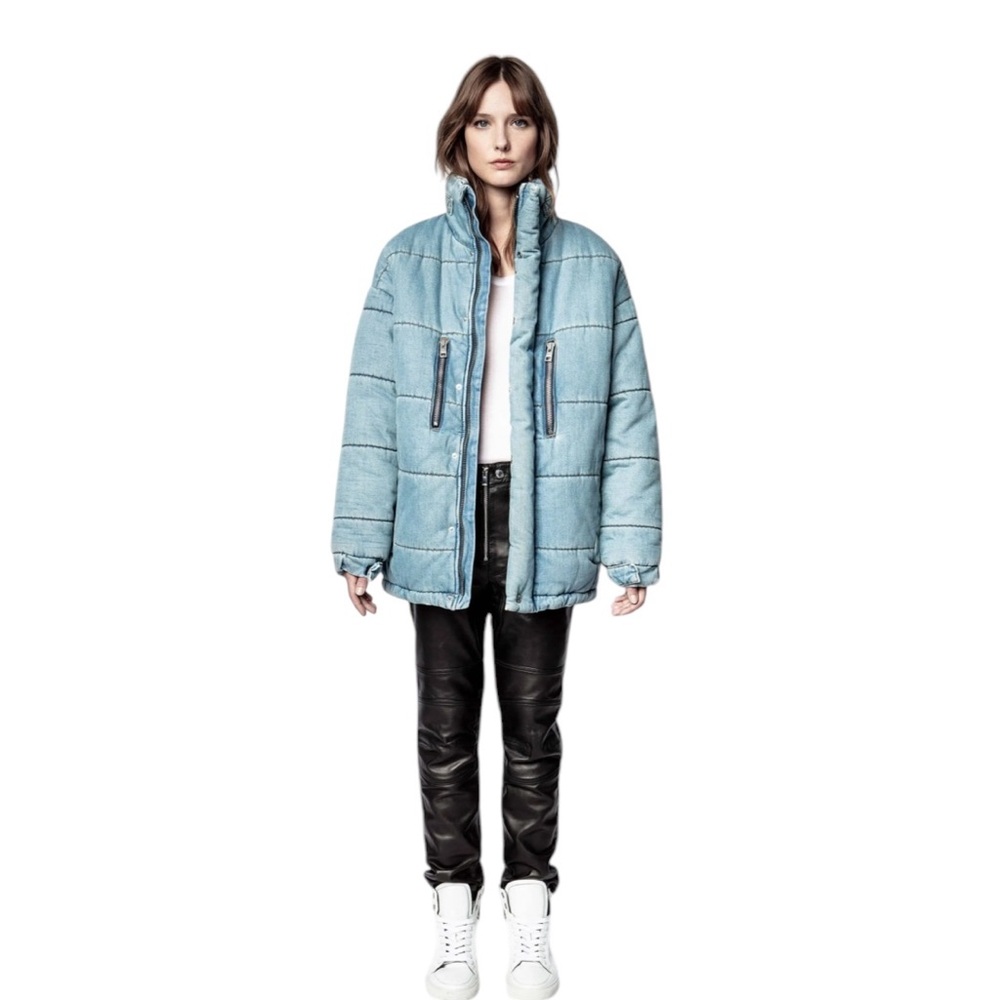 Zadig & Voltaire Keim Faded Denim Puffer Jacket in Light Blue | Size XL | NWOT